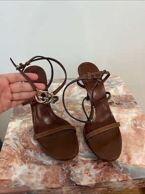 Gucci Brown Leather Ankle-Tie Sandals with Gold Interlocking G